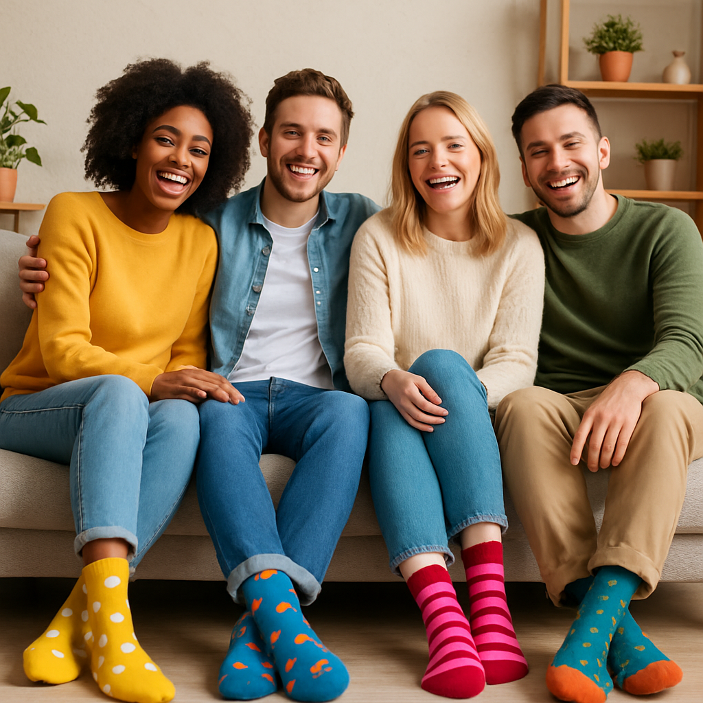 Happy customers wearing colorful socks